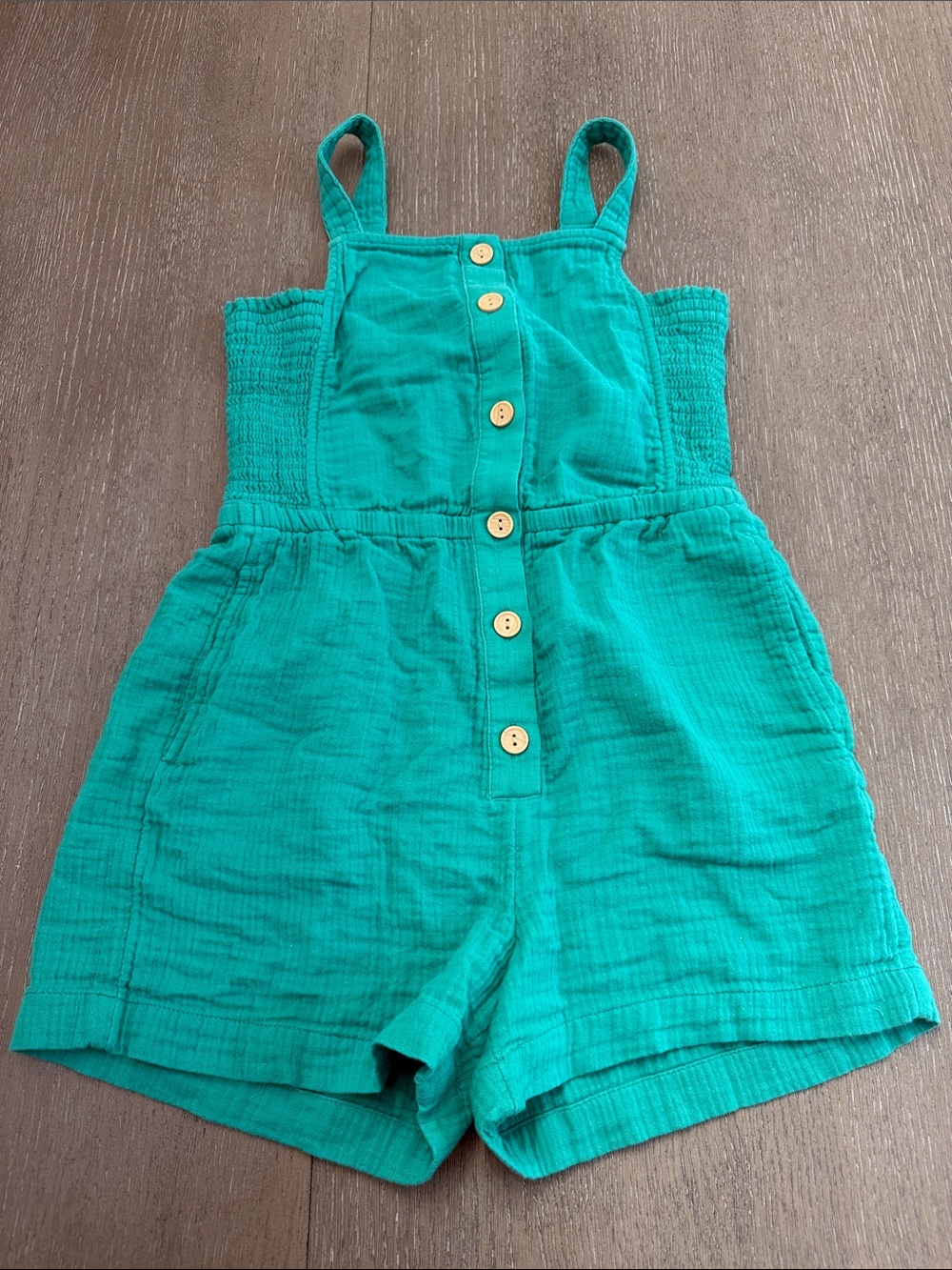 Girls' Green Button-Front Cotton Romper with Bow on the Back